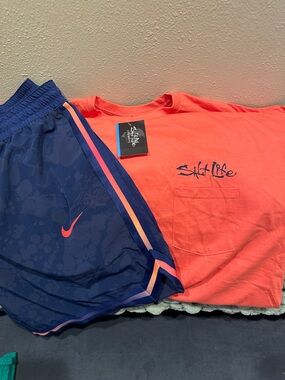 Salt Life Coral Tee with Navy & Coral-Trim Athletic Shorts